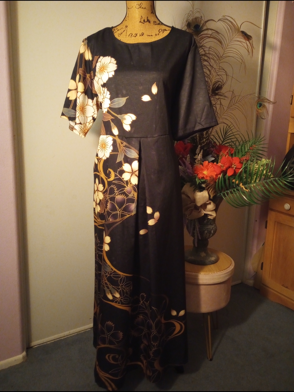 Black Floral Maxi Dress with Cream Blossom Accents